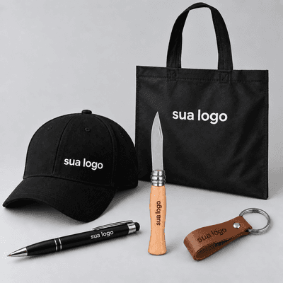 Kit Sempre Pronto - Boné, Canivete, Caneta de metal e chaveiro courino em sacola TNT - PERSONALIZADOS