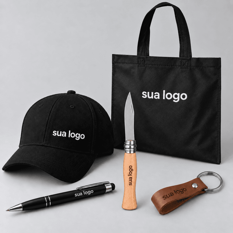 Kit Sempre Pronto - Boné, Canivete, Caneta de metal e chaveiro courino em sacola TNT - PERSONALIZADOS