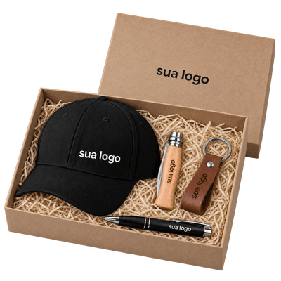 Kit Sempre Pronto - Boné, Canivete, Caneta de metal em caixa kraft - PERSONALIZADOS