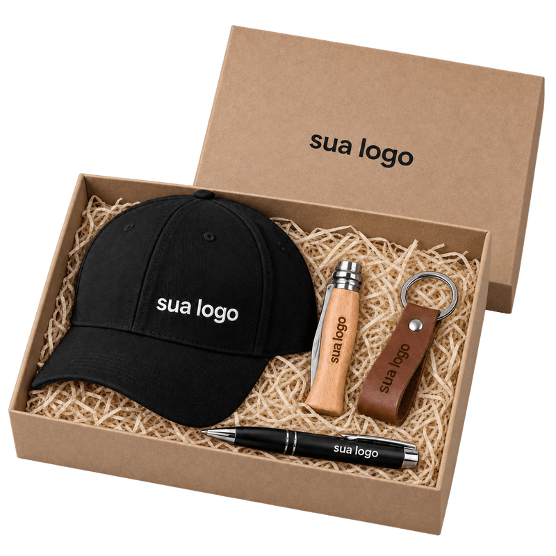 Kit Sempre Pronto - Boné, Canivete, Caneta de metal em caixa kraft - PERSONALIZADOS