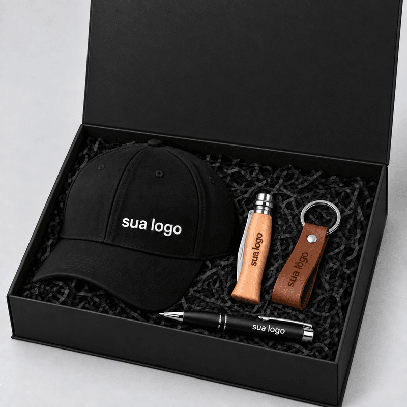 Kit Sempre Pronto - Boné, Canivete, Caneta de metal em caixa cartonada personalizados